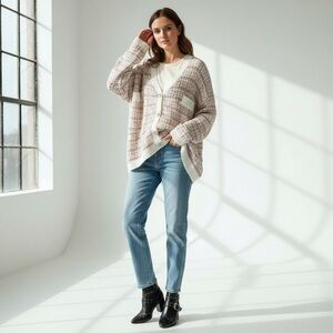 Venus Knit Open Stitch Ivory Pink Metallic Jewel Button Oversized Cardigan Large